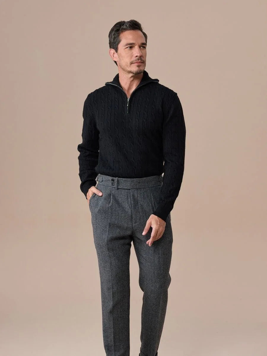 Venice Herringbone Wool Pleated Pants