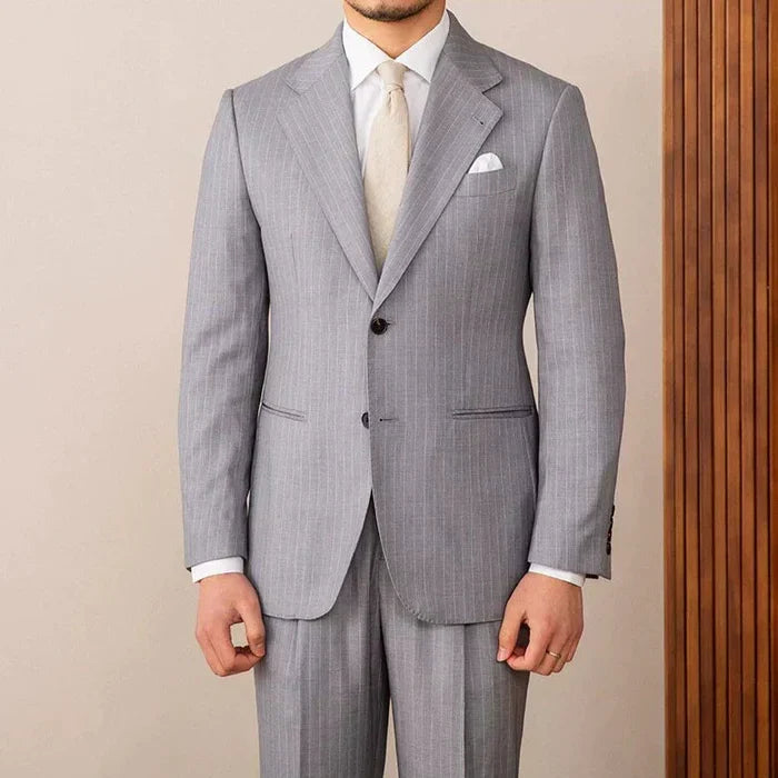 Two Button Pinstripe Suit with Notched Lapel in Gray