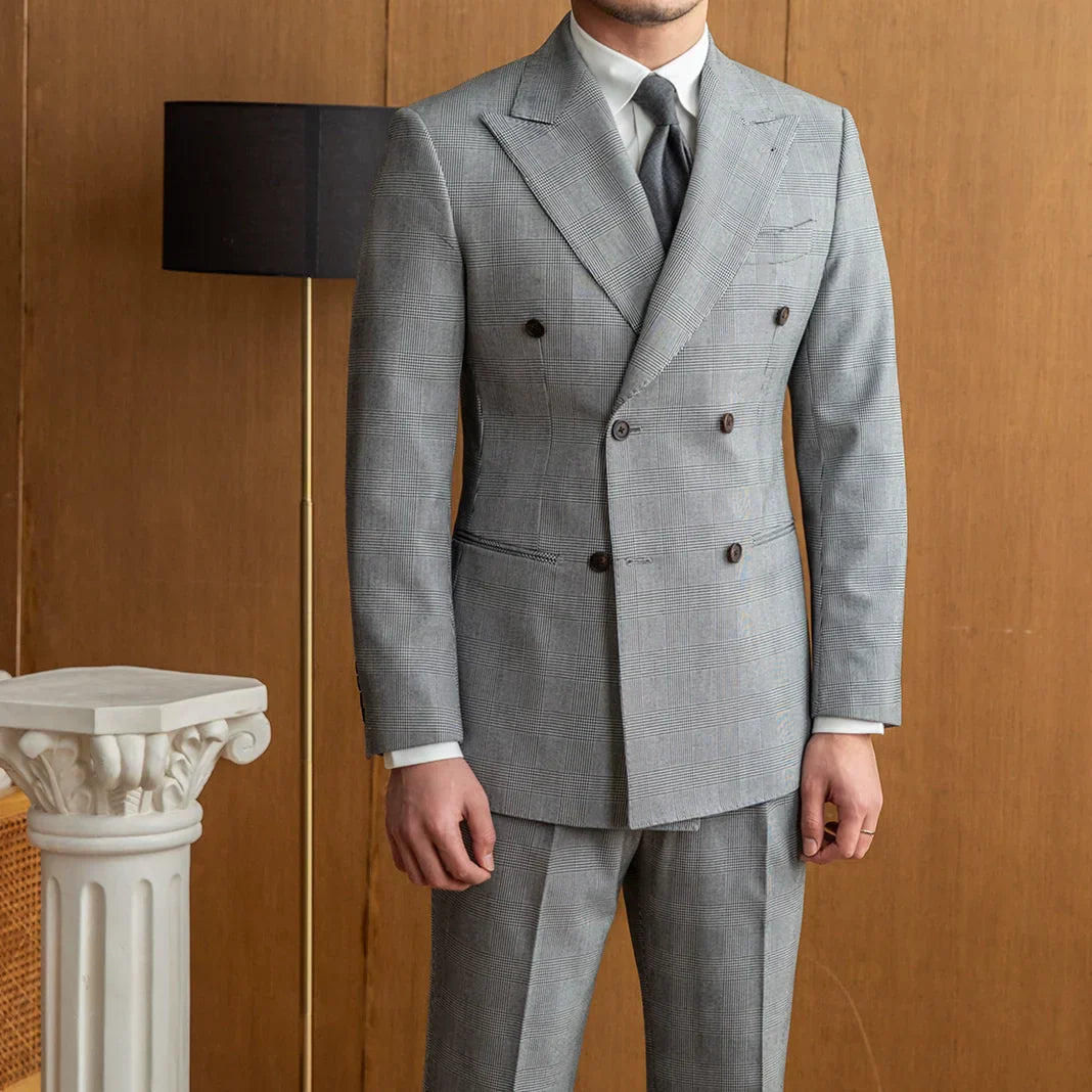 Double Breasted Gray Prince of Wales Check Suit