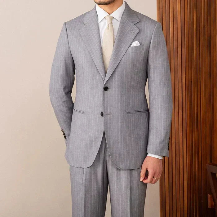 Two Button Pinstripe Suit with Notched Lapel in Gray