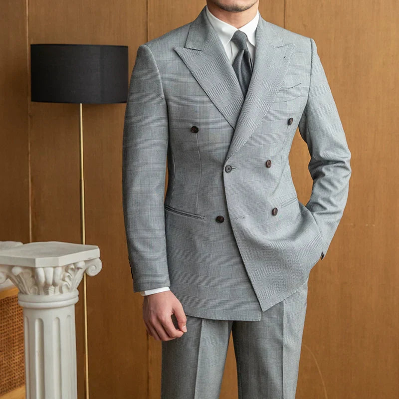 Double Breasted Gray Prince of Wales Check Suit