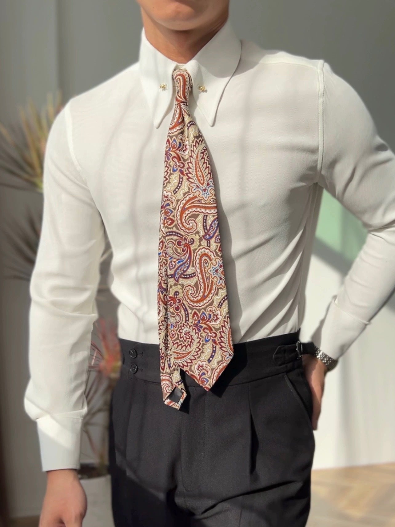 Camisa con cuello de punta y barra de cuello