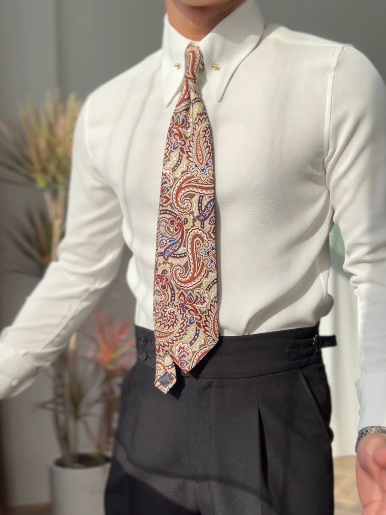 Camisa con cuello de punta y barra de cuello