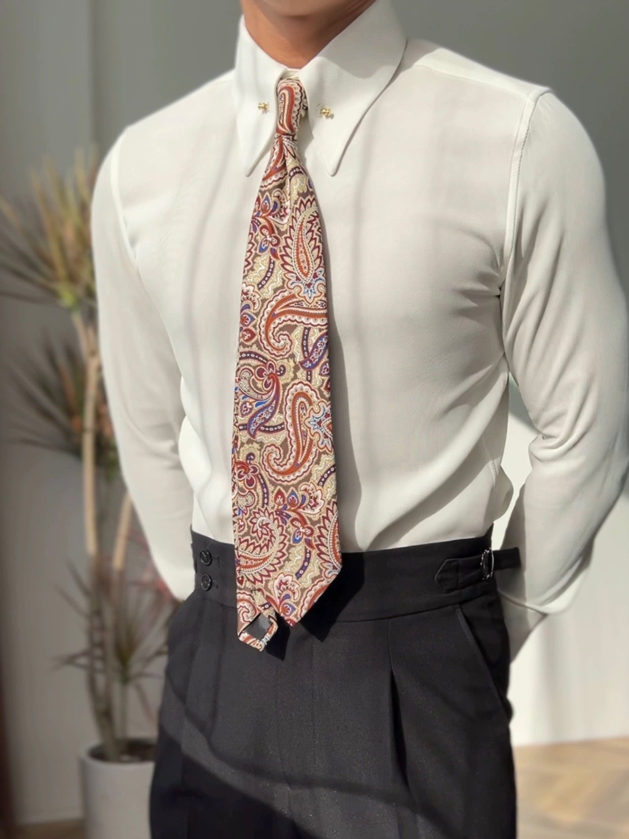 Camisa con cuello de punta y barra de cuello