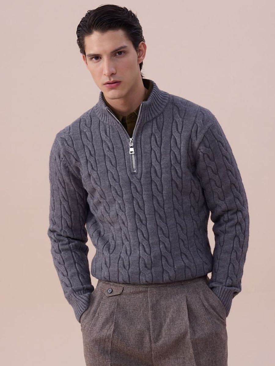 Pull à col zippé en maille torsadée
