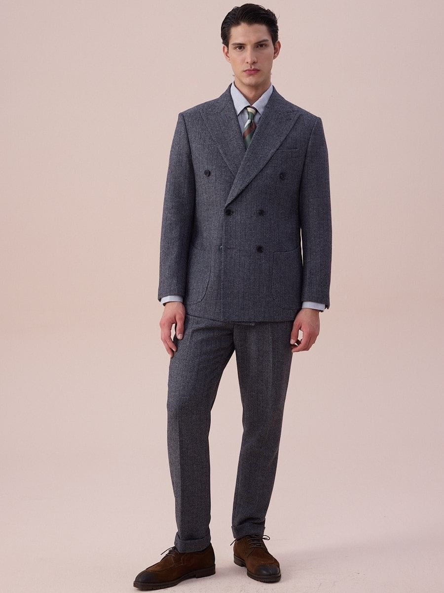 Venice Double Breasted Herringbone Wool Suit