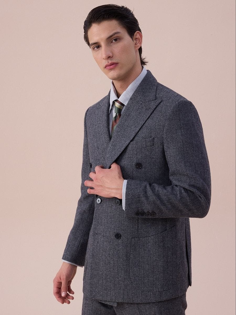 Venice Double Breasted Herringbone Wool Suit