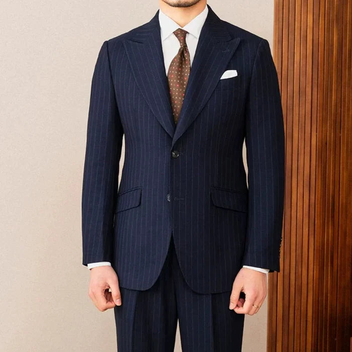 Two Button Pinstripe Suit with Peak Lapel