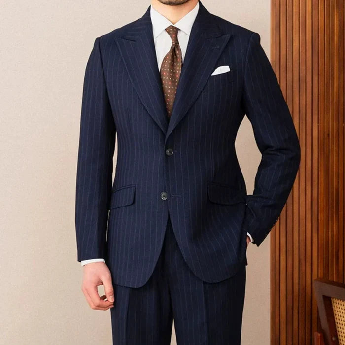 Two Button Pinstripe Suit with Peak Lapel