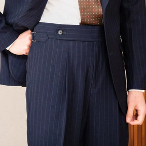 Two Button Pinstripe Suit with Peak Lapel