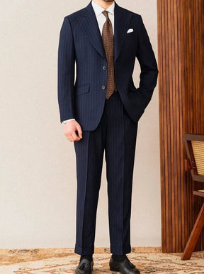 Two Button Pinstripe Suit with Peak Lapel