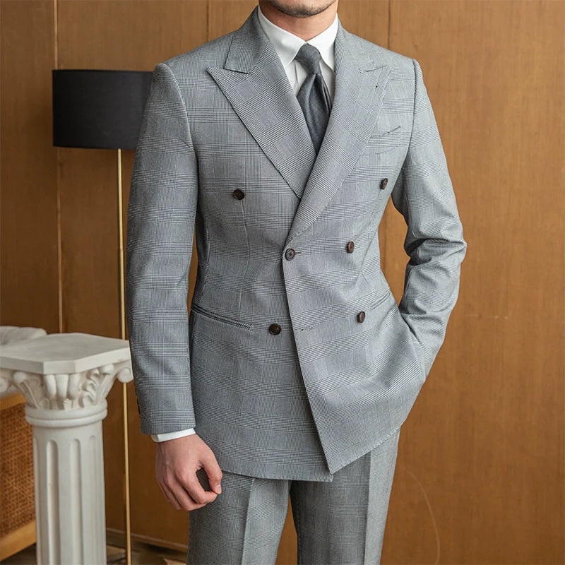 Double Breasted Gray Prince of Wales Check Suit