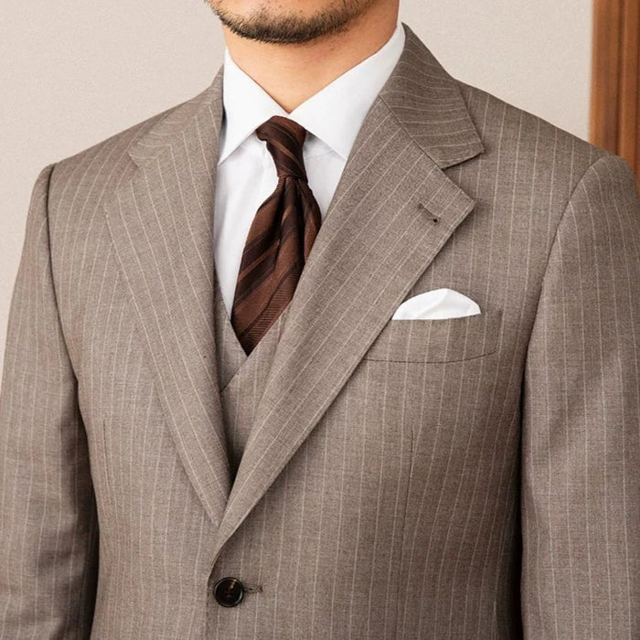 Two-Button Brown Pinstripe Suit with Notched Lapel