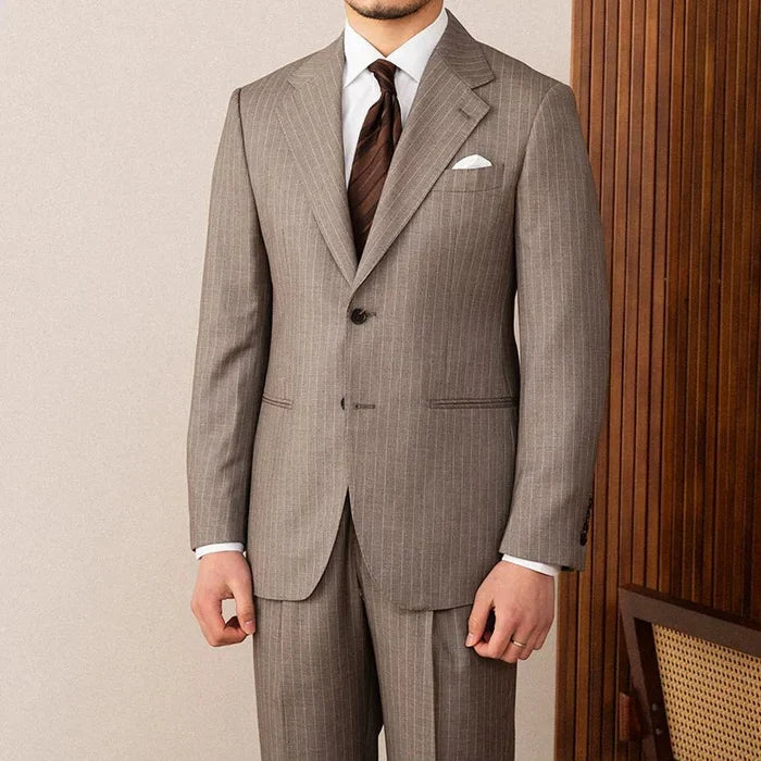 Two-Button Brown Pinstripe Suit with Notched Lapel