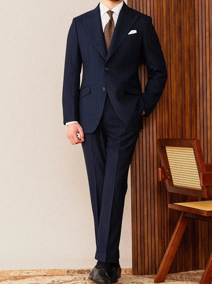 Two Button Pinstripe Suit with Peak Lapel