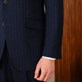 Two Button Pinstripe Suit with Peak Lapel